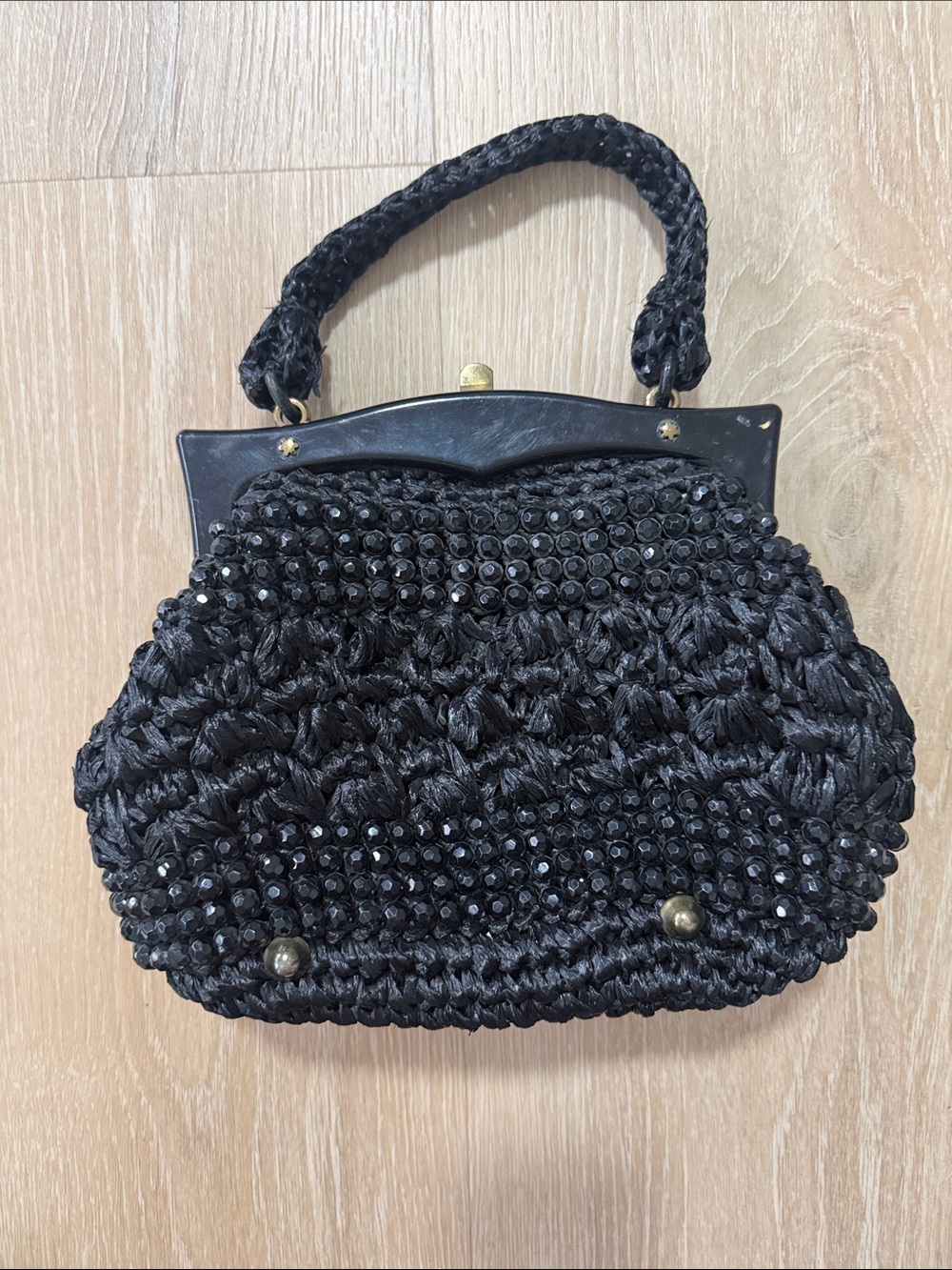 Black Beaded Vintage Italian Crochet Handbag